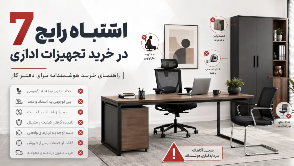 7 اشتباه رایج در خرید تجهیزات اداری؛ راهنمای انتخاب هوشمندانه میز، صندلی و کمد اداری با توجه به ارگونومی، کیفیت، ابعاد فضا و بودجه